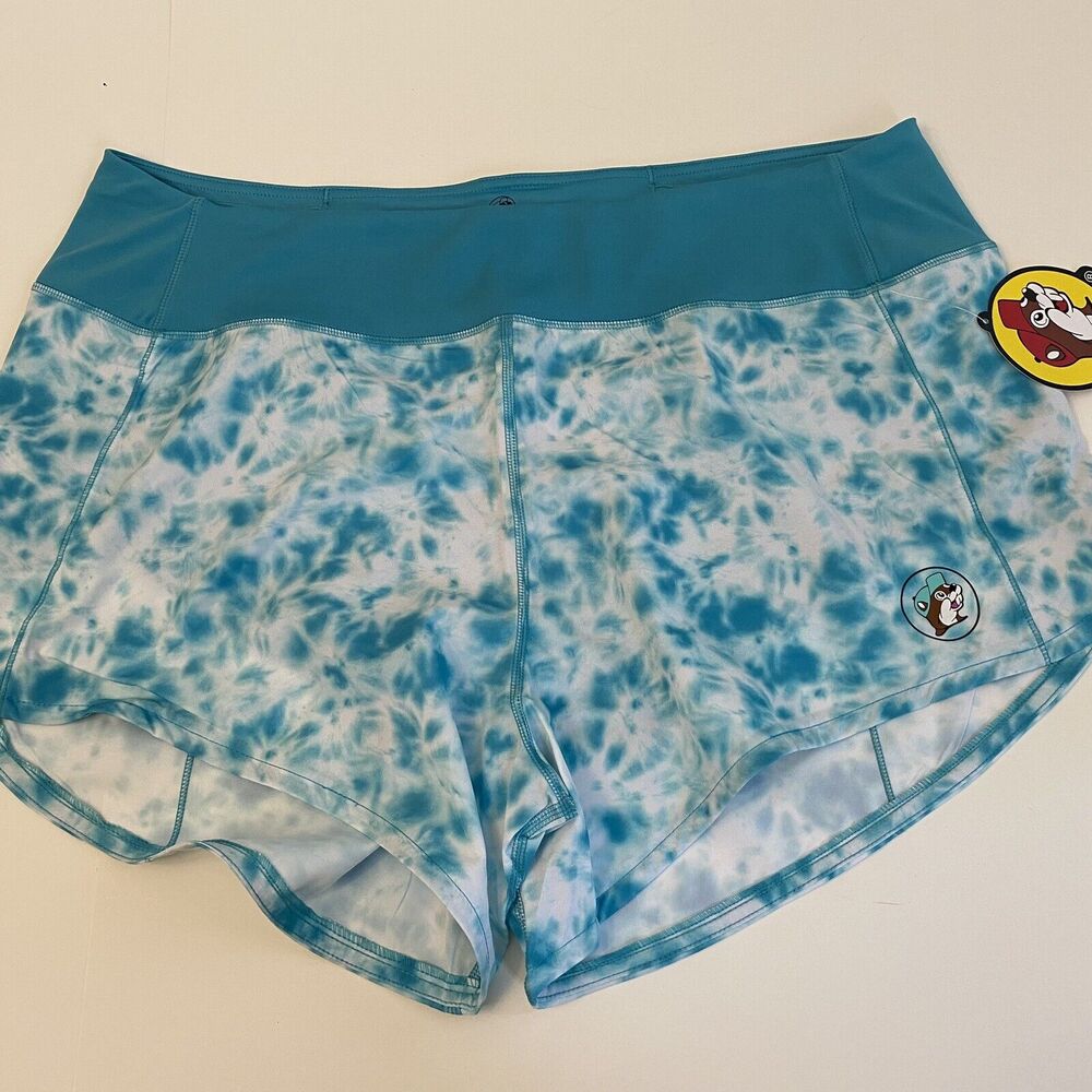 New Buc-ee's Women's Bright Cyan Tie Dye Perferated Yoga/Swim Shorts 2XL